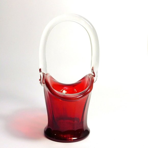 Mosser Ruby Red Art Glass Basket Clear Handle USA Flower Daisy - Picture 6 of 8